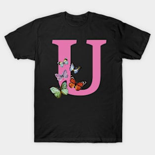 Letter pink U with colorful butterflies T-Shirt